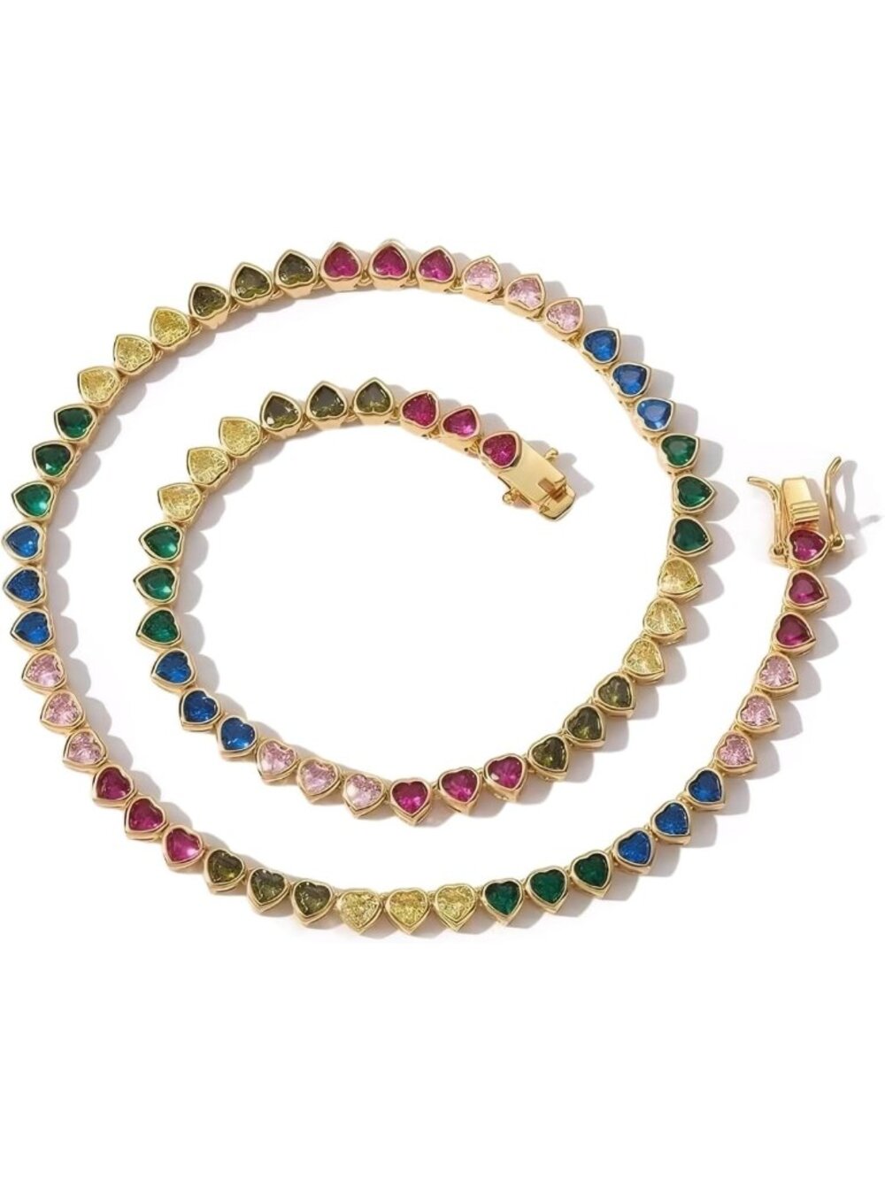 Colorful Rainbow Heart Tennis Chain Necklace, 18" Iced Out CZ Choker, Trendy Hip